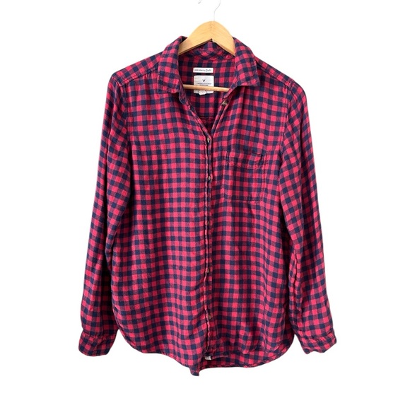 American Eagle Plaid Boyfriend Fit Flannel Button Down Shirt Pink Blue M - Picture 1 of 9